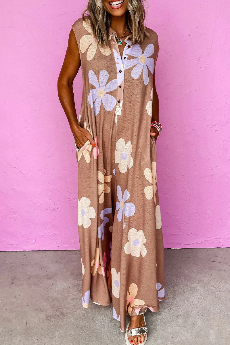 Casual Flowers Buttons O Neck Loose Jumpsuits - Panekey