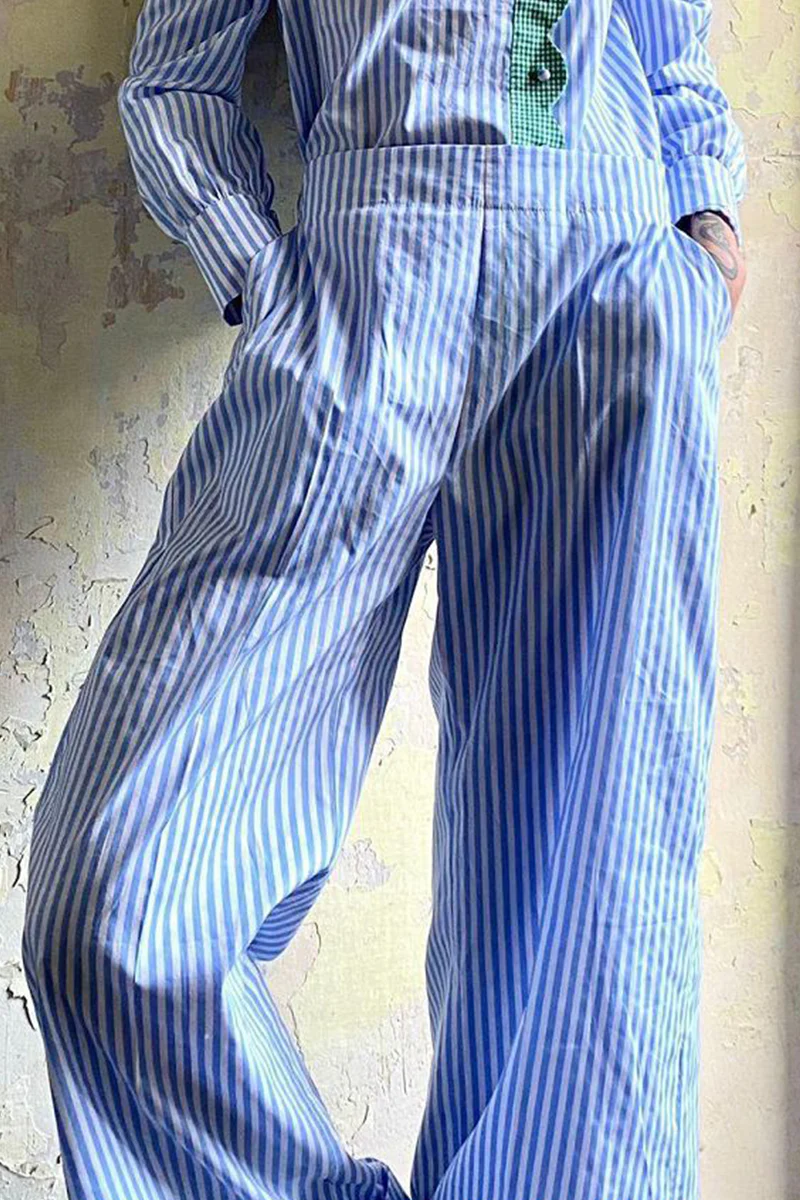 Casual Daily Plaid Stripe Pocket Loose High Waist Straight Full Print Bottoms(4 Colors) - Panekey