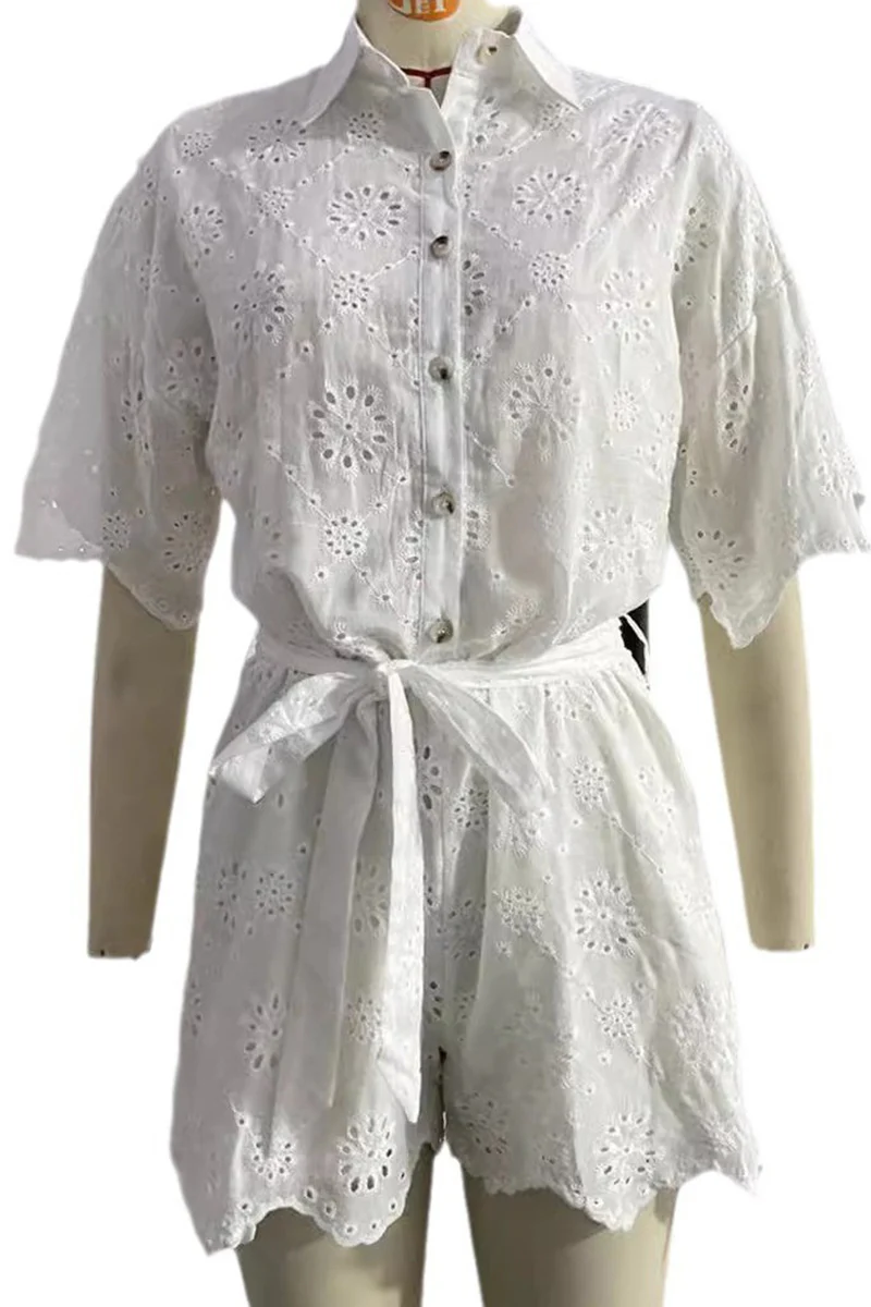 Casual Embroidered Hollow Out Turndown Collar Loose Rompers - Panekey