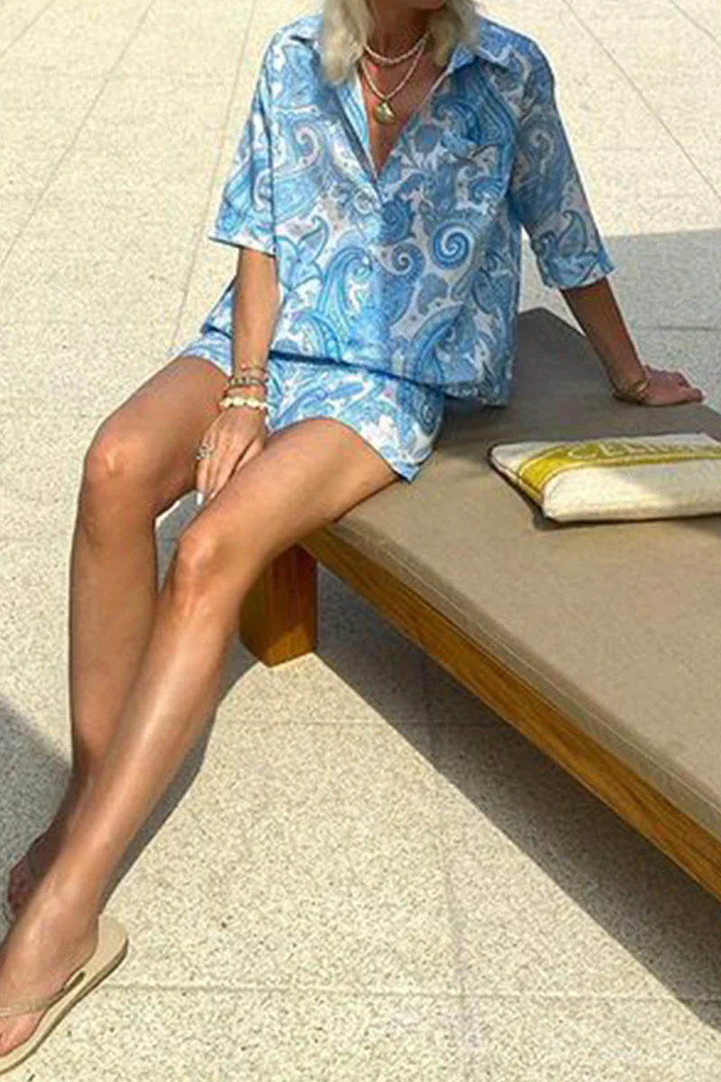 Casual Daily Floral Print Pocket Turndown Collar Short Sleeve Two Pieces - Panekey