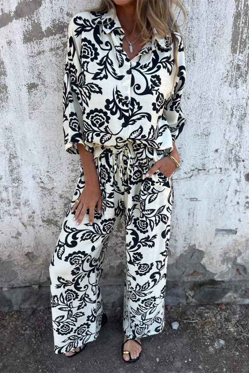 Casual Floral Print Pocket Contrast Turndown Collar Three Quarter Two Pieces - Panekey