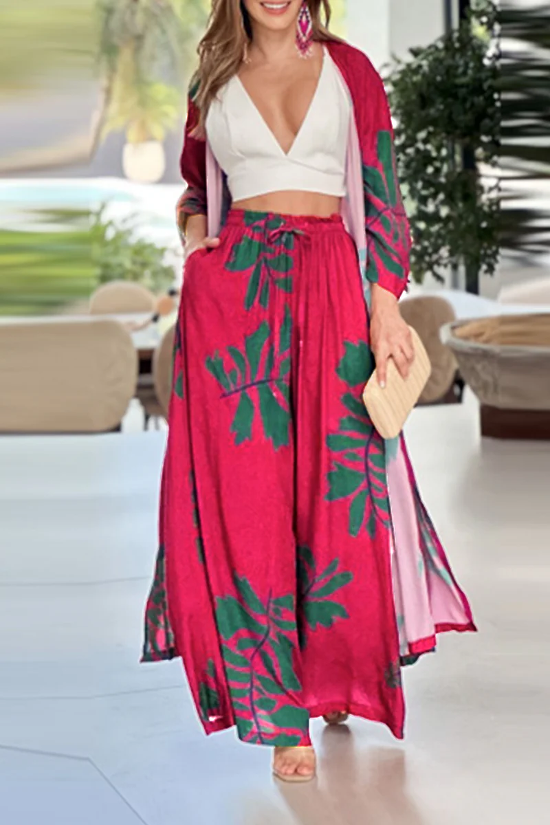 Casual Floral Pocket Cardigan Collar Long Sleeve Two Pieces - Panekey