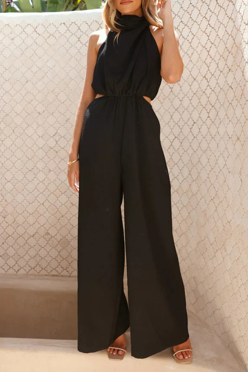 Casual Hollow Out Pocket Halter Loose Jumpsuits(4 Colors) - Panekey