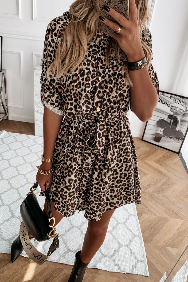 Casual Elegant Print Leopard Frenulum Buckle Dresses - Panekey