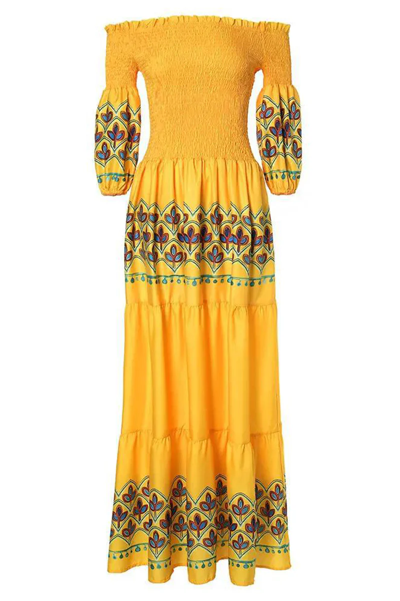 Bohemian Geometric Print Off the Shoulder Printed Dress Dresses - Panekey