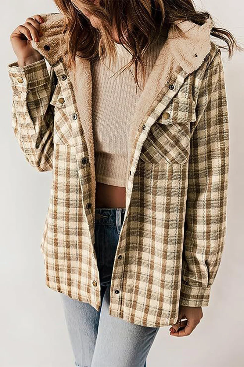 Casual Plaid Pocket Fluffy Contrast Hooded Outerwear(7 Colors) - Panekey