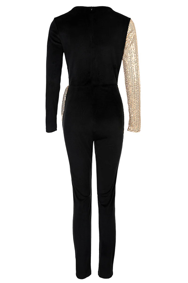 Casual Color Block Sequins V Neck Regular Jumpsuits - Panekey