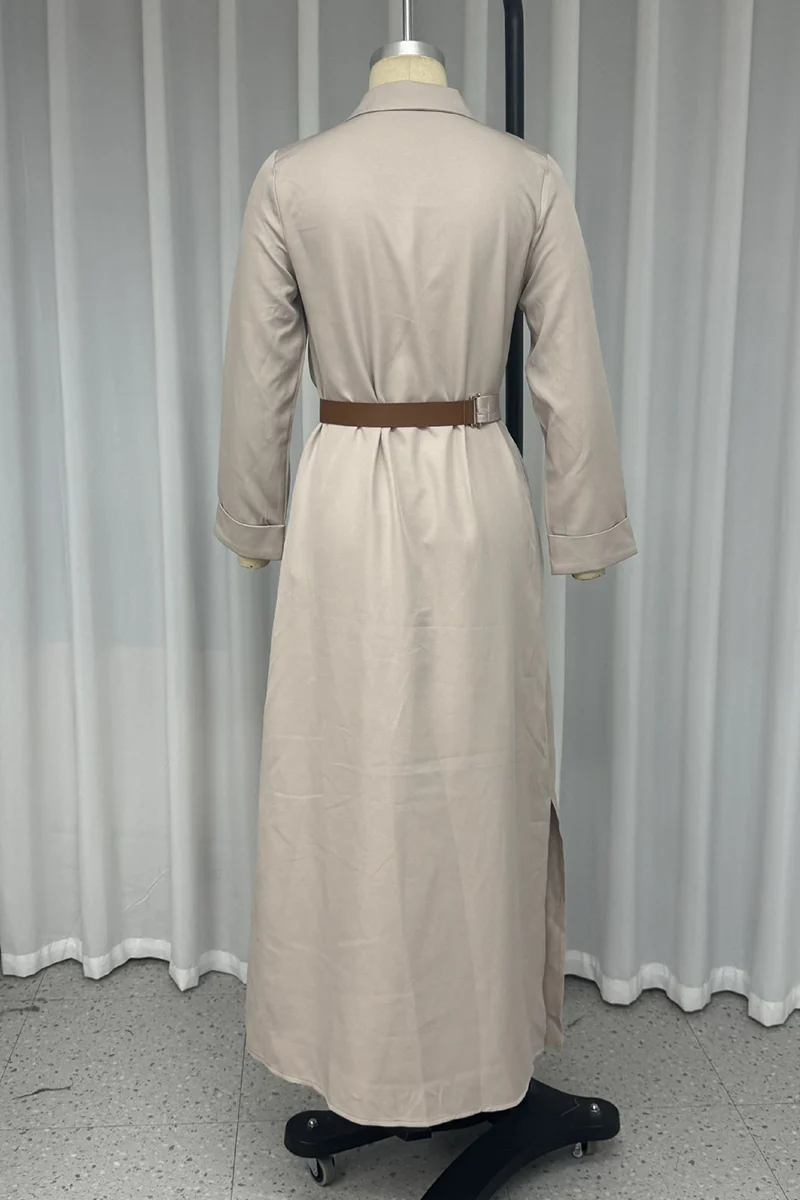 Casual Pocket Buckle With Belt Turndown Collar Shirt Dresses - Panekey