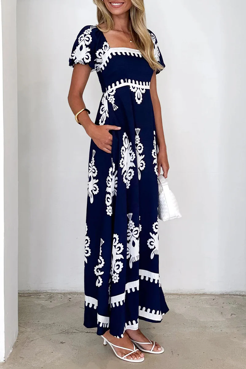 Casual Geometric Print Pocket Contrast Square Neck A Line Short Sleeve Dress - Panekey