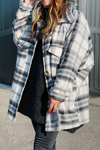 Casual Plaid Pocket Buckle Turndown Collar Outerwear - Panekey