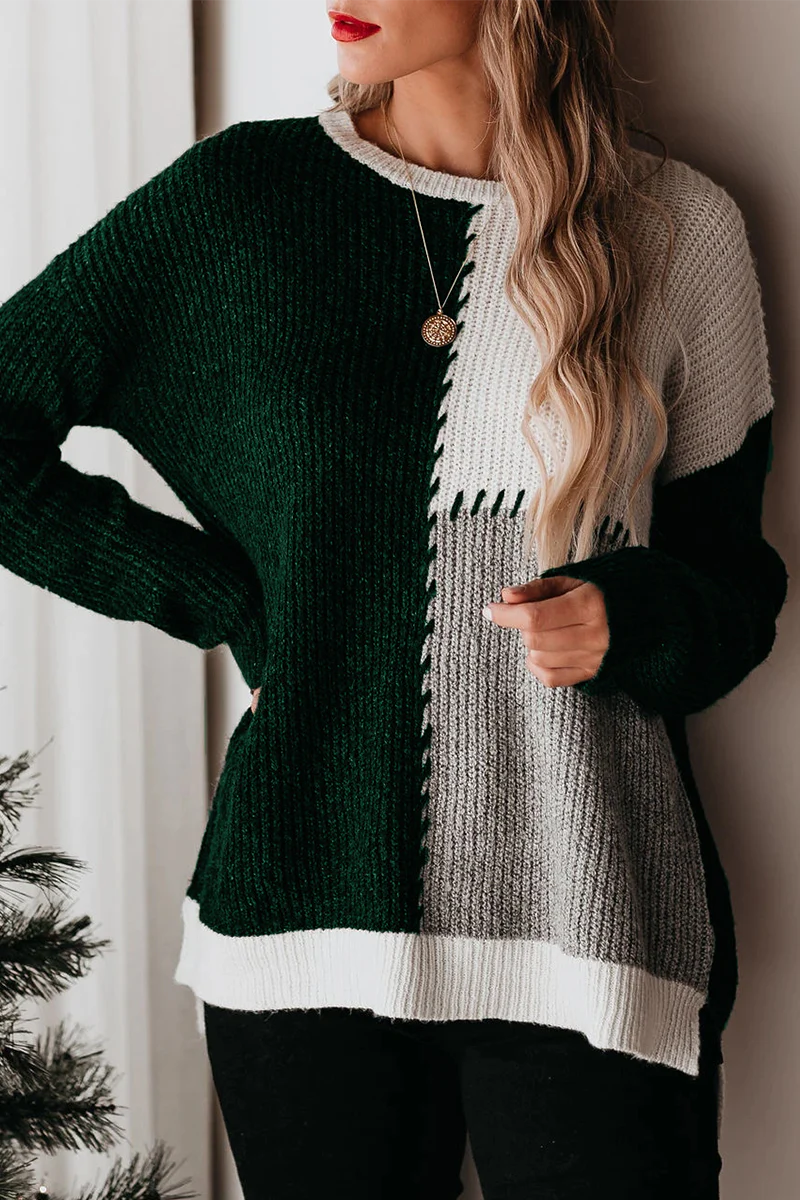 Casual Color Lump Split Joint O Neck Tops - Panekey