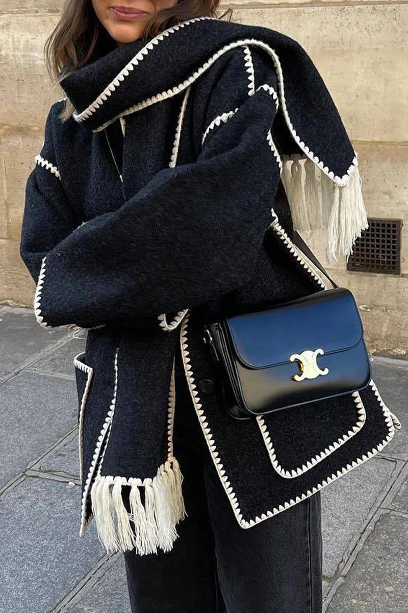 Casual British Style Solid Tassel Contrast Scarf Collar Outerwear - Panekey