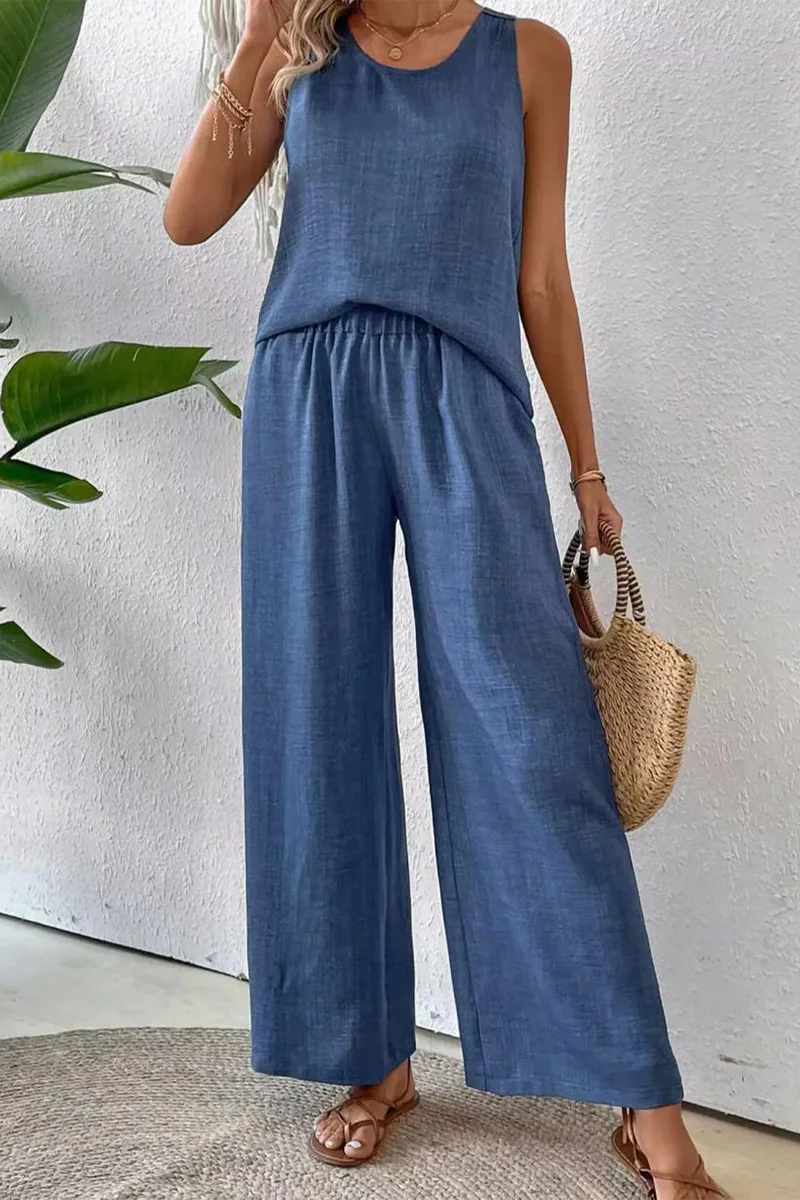 Casual Daily Solid Color Lace Hollow Out O Neck Sleeveless Two Pieces(6 Colors) - Panekey