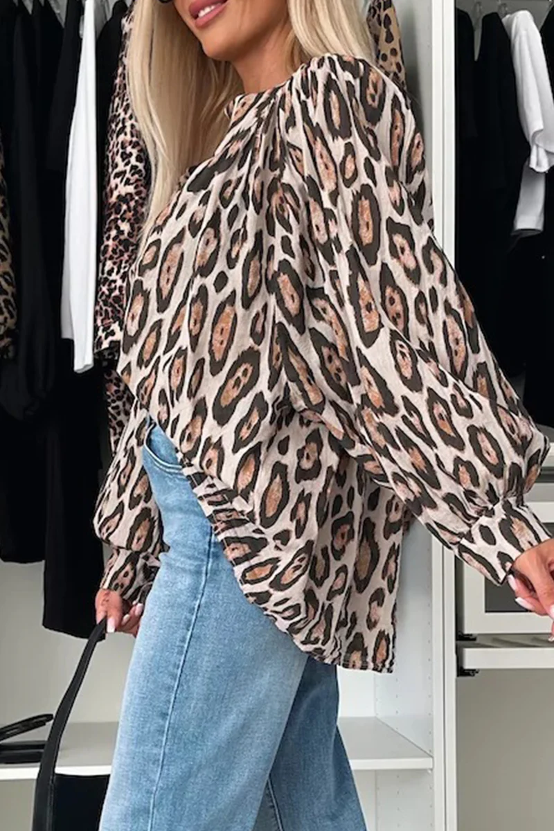 Casual Leopard Buttons Ruched O Neck Blouses - Panekey