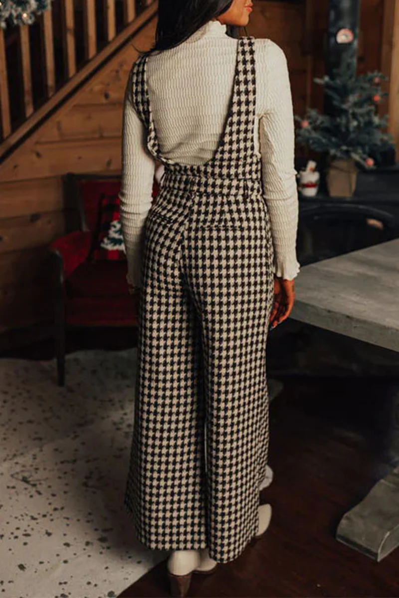 Casual Plaid Pocket U Neck Loose Jumpsuits - Panekey