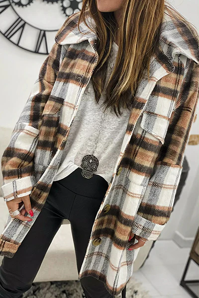 Casual Plaid Pocket Buckle Turndown Collar Outerwear - Panekey
