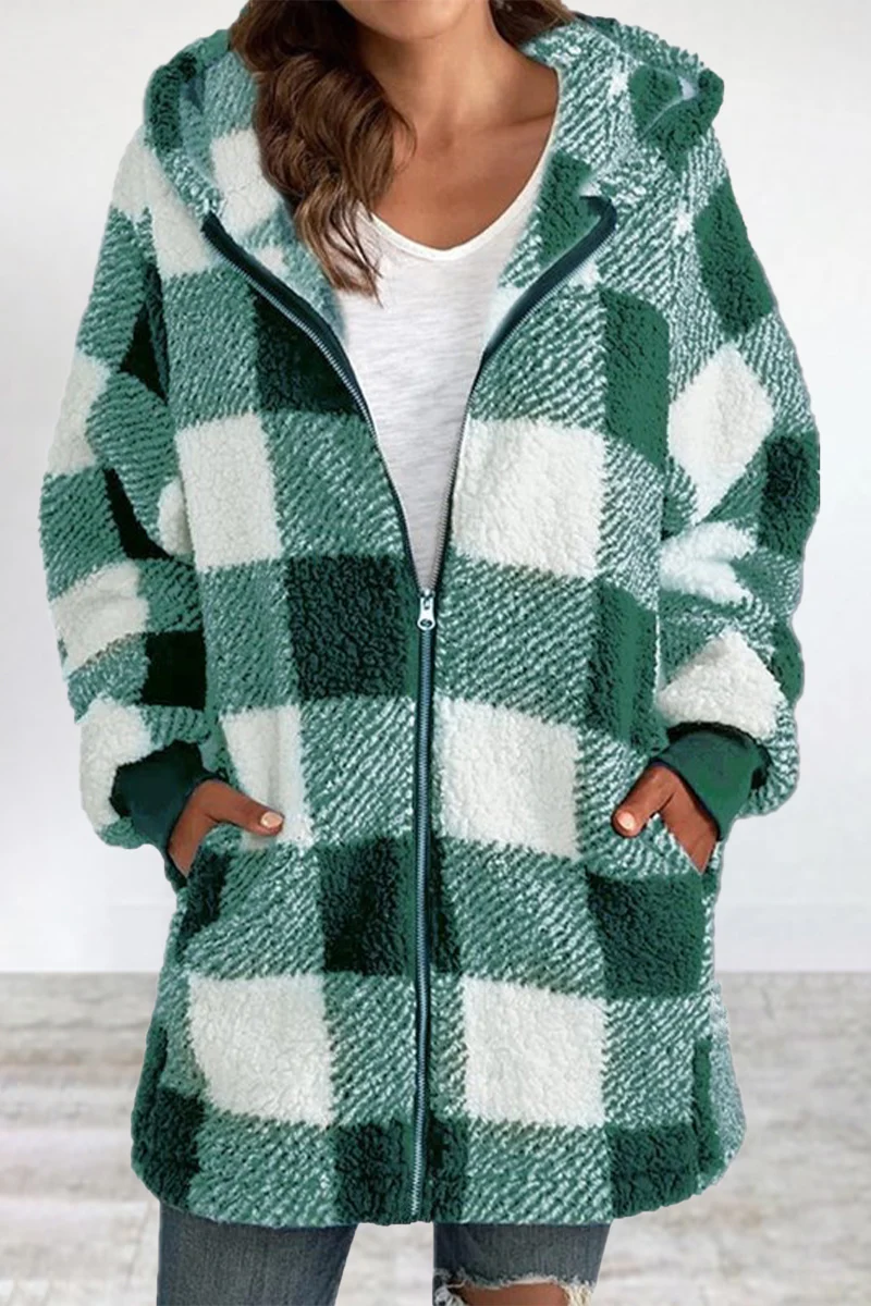 Casual Plaid Frenulum Contrast Zipper Hooded Collar Outerwear - Panekey