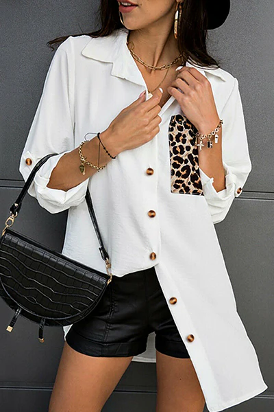 Casual Leopard Split Joint Buckle Turndown Collar Tops - Panekey