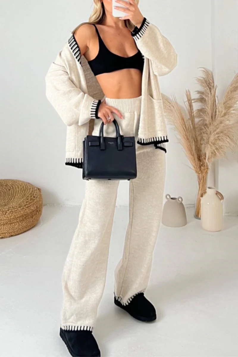 Casual Patchwork Buttons V Neck Long Sleeve Two Pieces(4 Colors) - Panekey