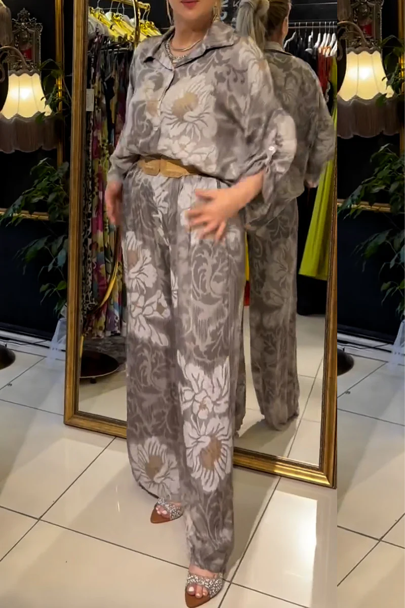 Casual Floral Print Buttons Turndown Collar Long Sleeve Two Pieces - Panekey