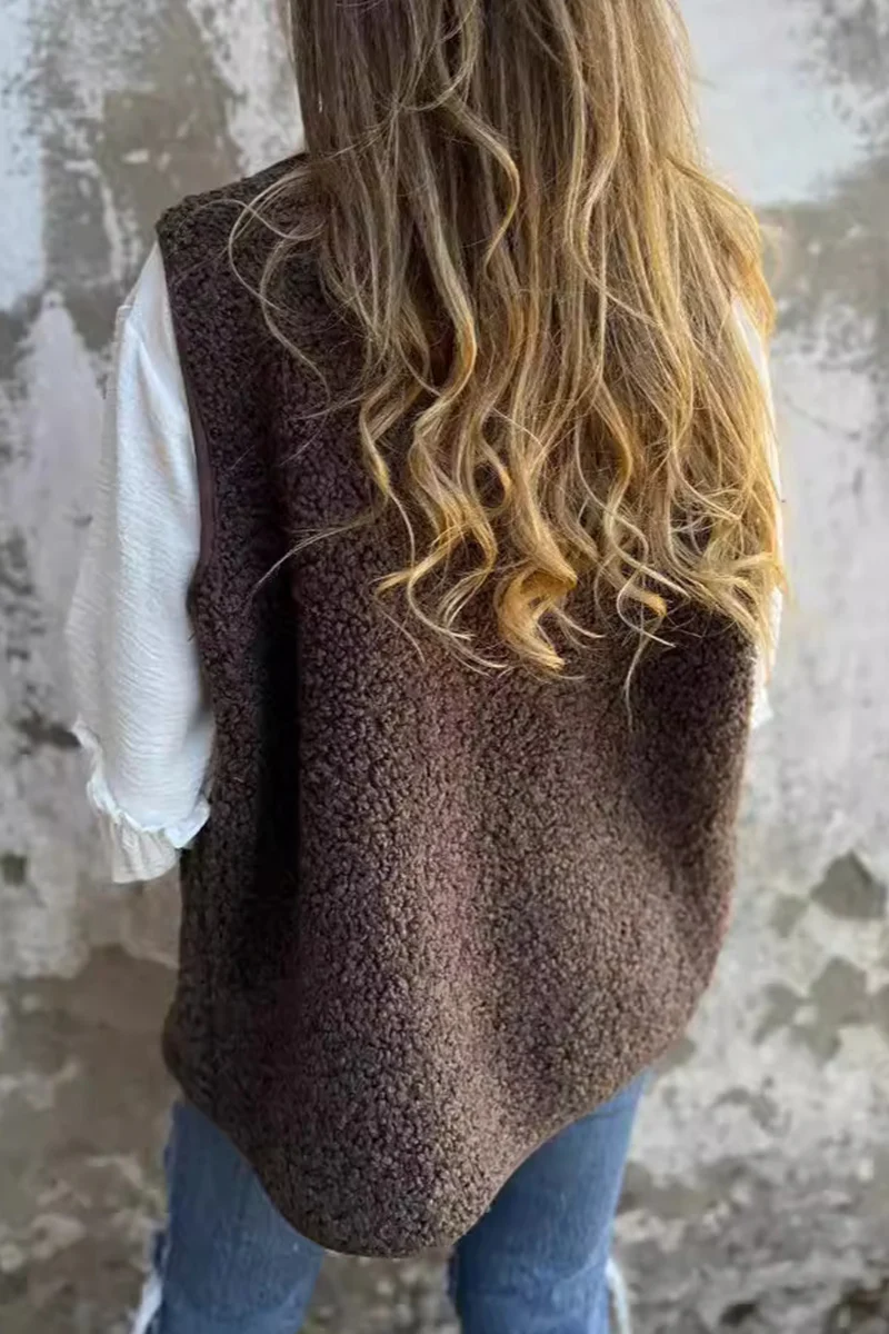 Casual Pocket Buttons Fluffy V Neck Waistcoats - Panekey