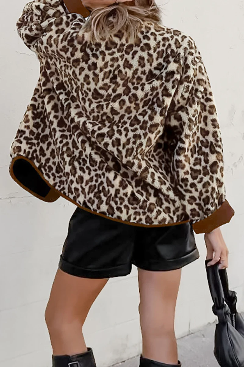 Casual Leopard Pocket Buttons Patchwork O Neck Outerwear - Panekey