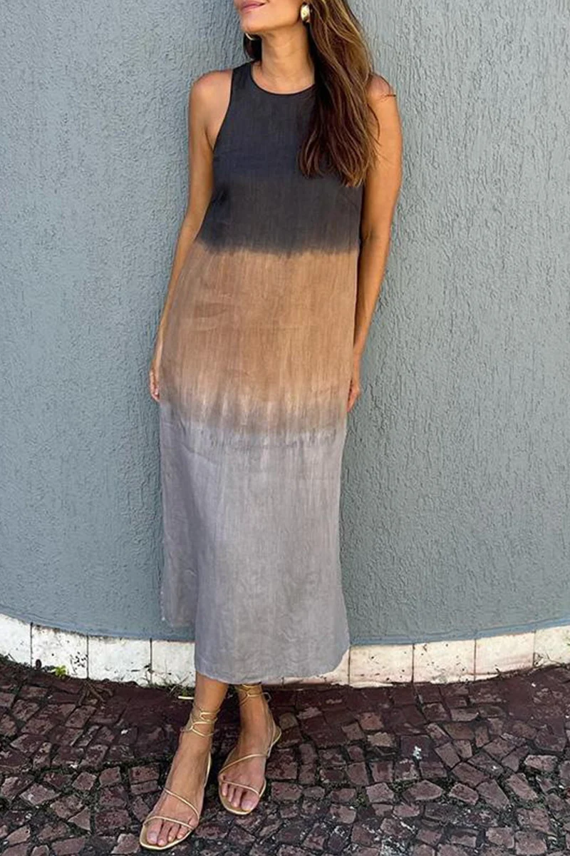 Casual Gradient Slit O Neck Long Dresses(8 Colors) - Panekey