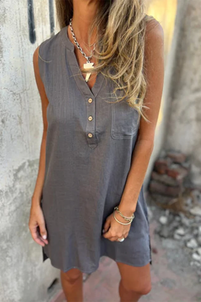 Casual Pocket Buttons V Neck Sleeveless Dresses(4 Colors) - Panekey