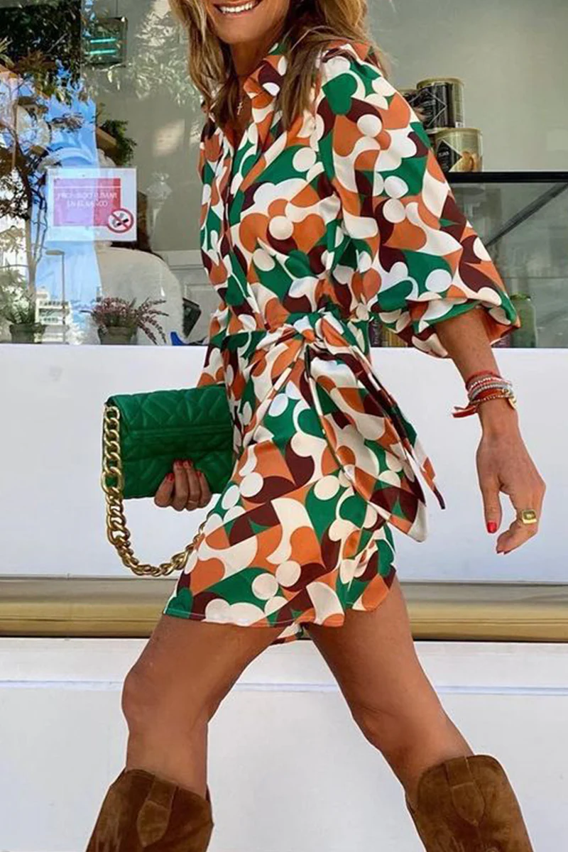 British Style Elegant Geometric Print Frenulum V Neck One Step Skirt Dresses - Panekey