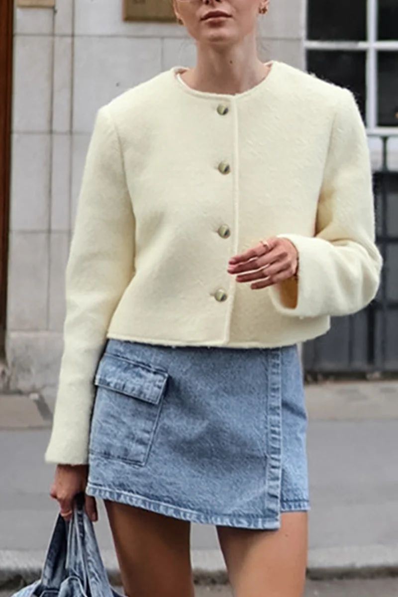 Casual Daily Solid Color Buttons O Neck Outerwear - Panekey