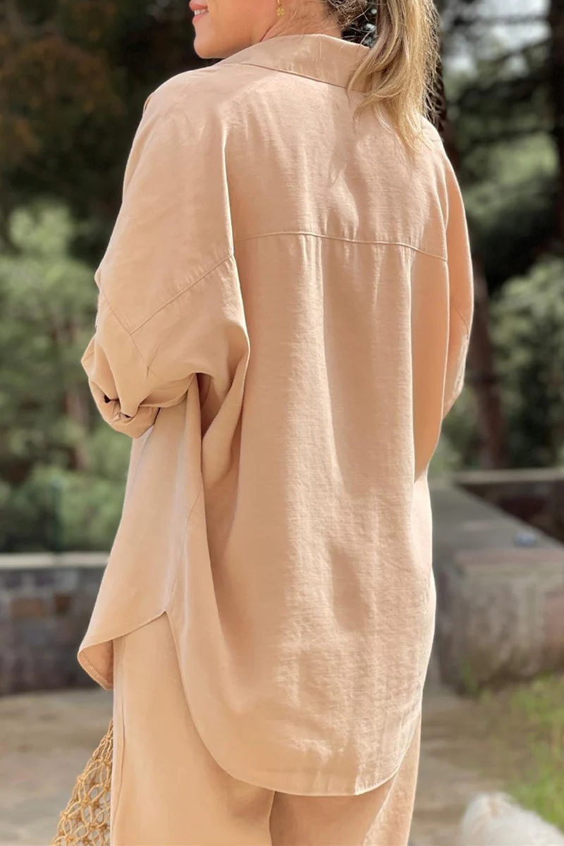 Casual Daily Solid Pocket Frenulum Turndown Collar Long Sleeve Two Pieces - Panekey