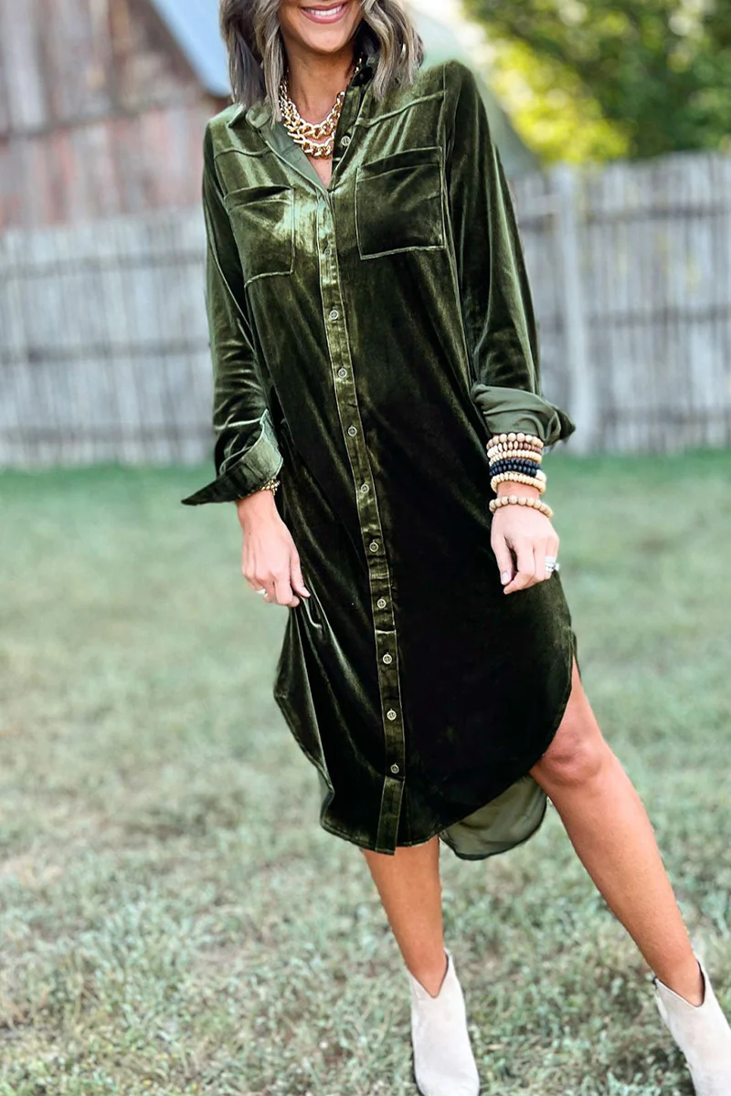 Casual Pocket Buckle Turndown Collar Shirt Dresses(3 Colors) - Panekey