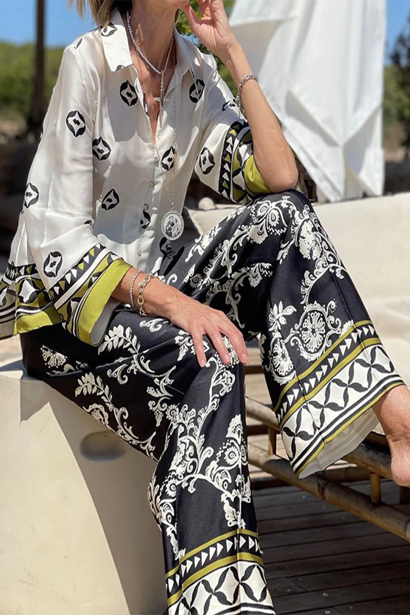 Casual College Print Patchwork Turndown Collar Long Sleeve Two Pieces - Panekey