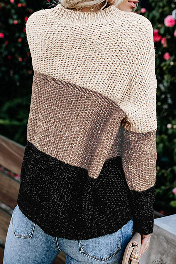 Casual Patchwork Basic  Contrast O Neck Tops Sweater - Panekey
