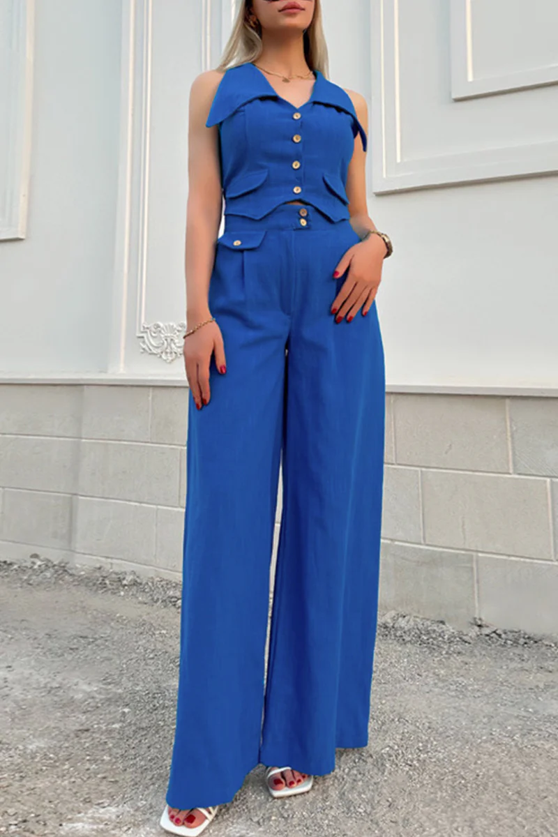 British Style Elegant Solid Pocket Buttons Turndown Collar Sleeveless Two Pieces - Panekey