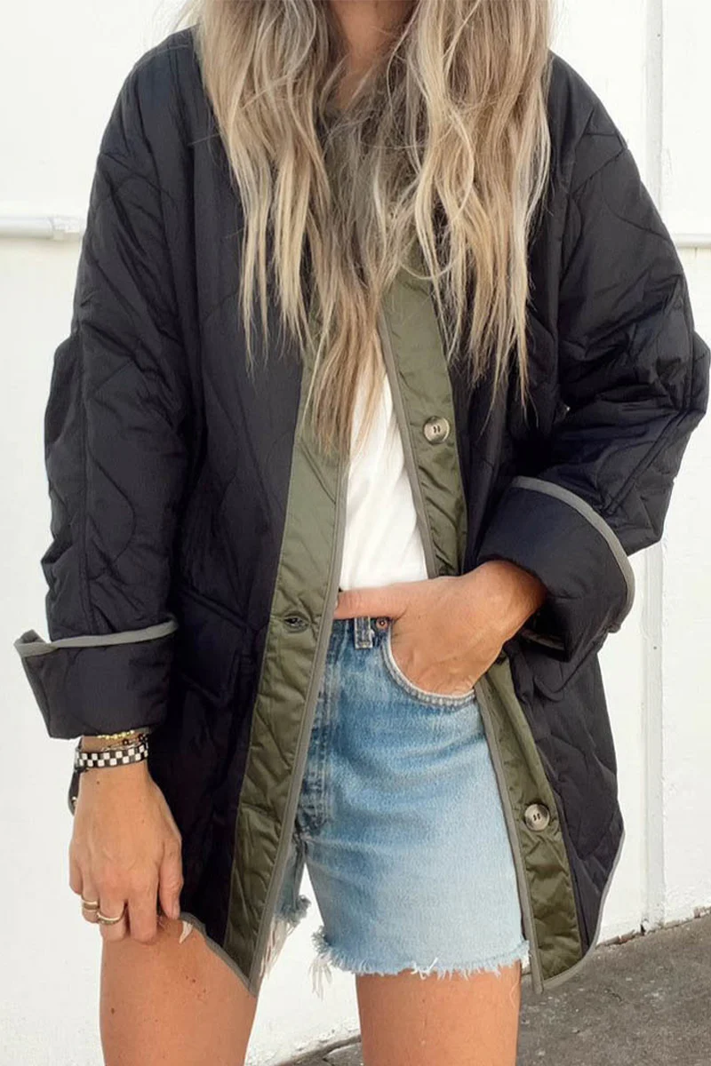 Casual Color Block Buckle Contrast O Neck Outerwear - Panekey