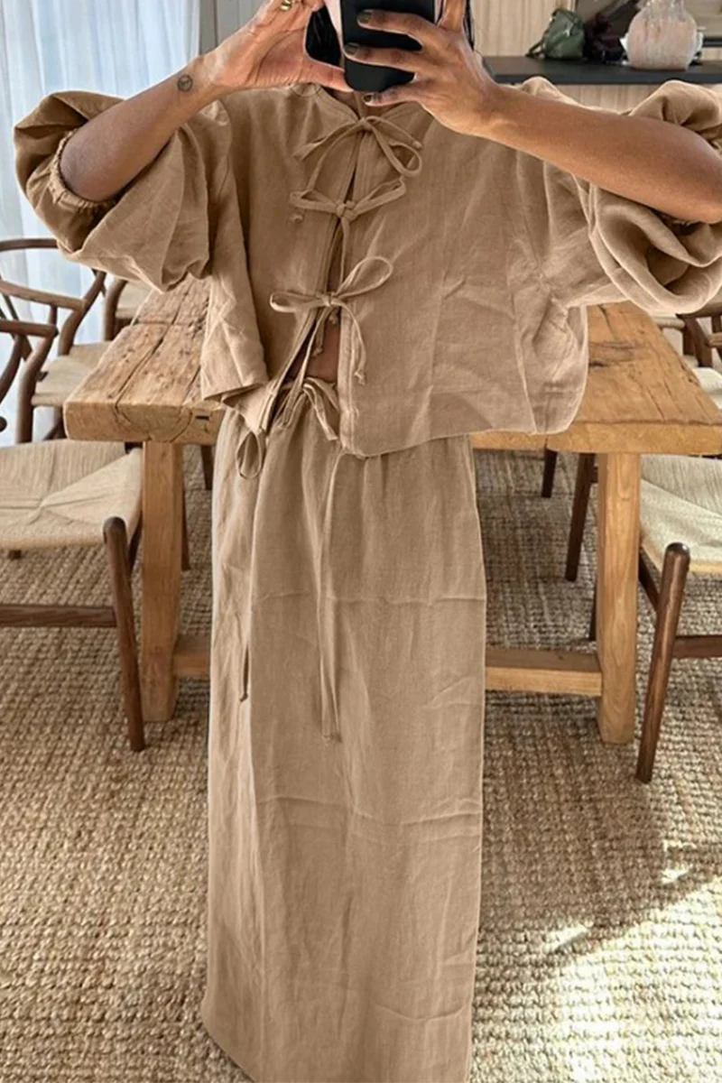 Casual Daily Solid Color Lace Up O Neck Long Sleeve Two Pieces(4 Colors) - Panekey