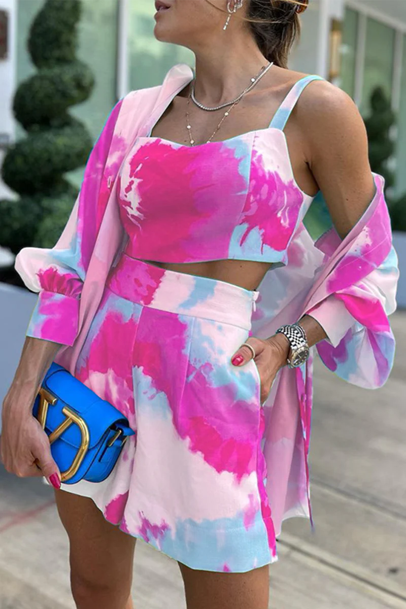 Casual Patchwork Tie-dye Turndown Collar Long Sleeve Three Pieces - Panekey