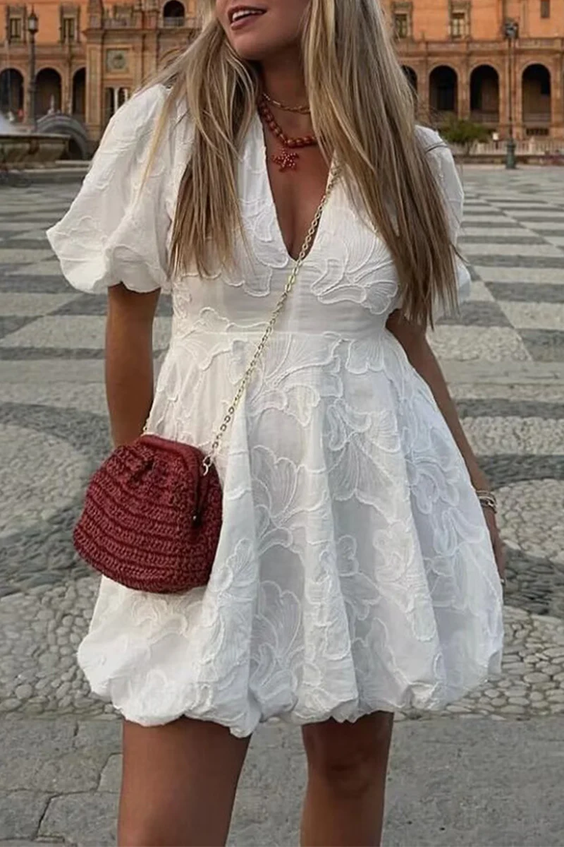 Casual Daily Solid Color Texture V Neck A Line Short Sleeve Dress - Panekey