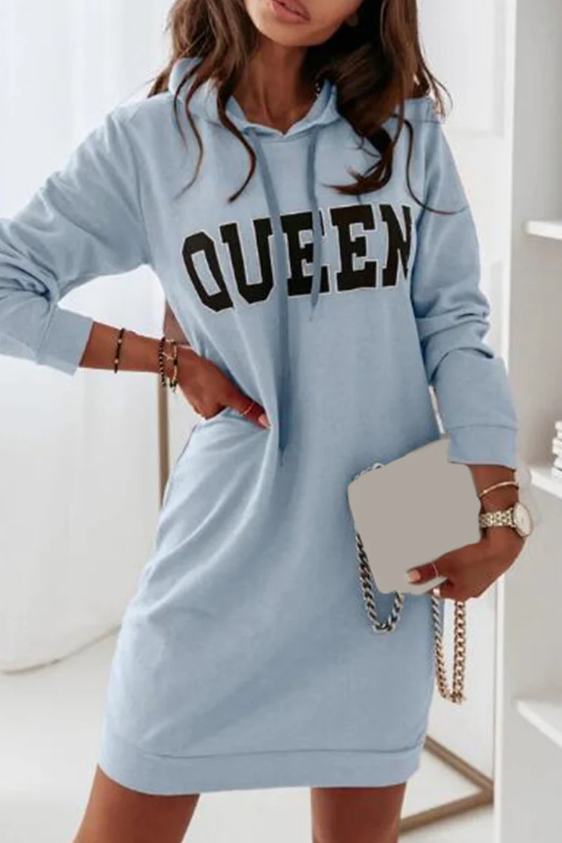 Casual Letter Draw String Hooded Collar Dresses - Panekey