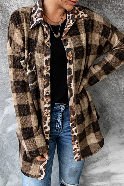 Casual Plaid Leopard Buckle Turndown Collar Tops - Panekey