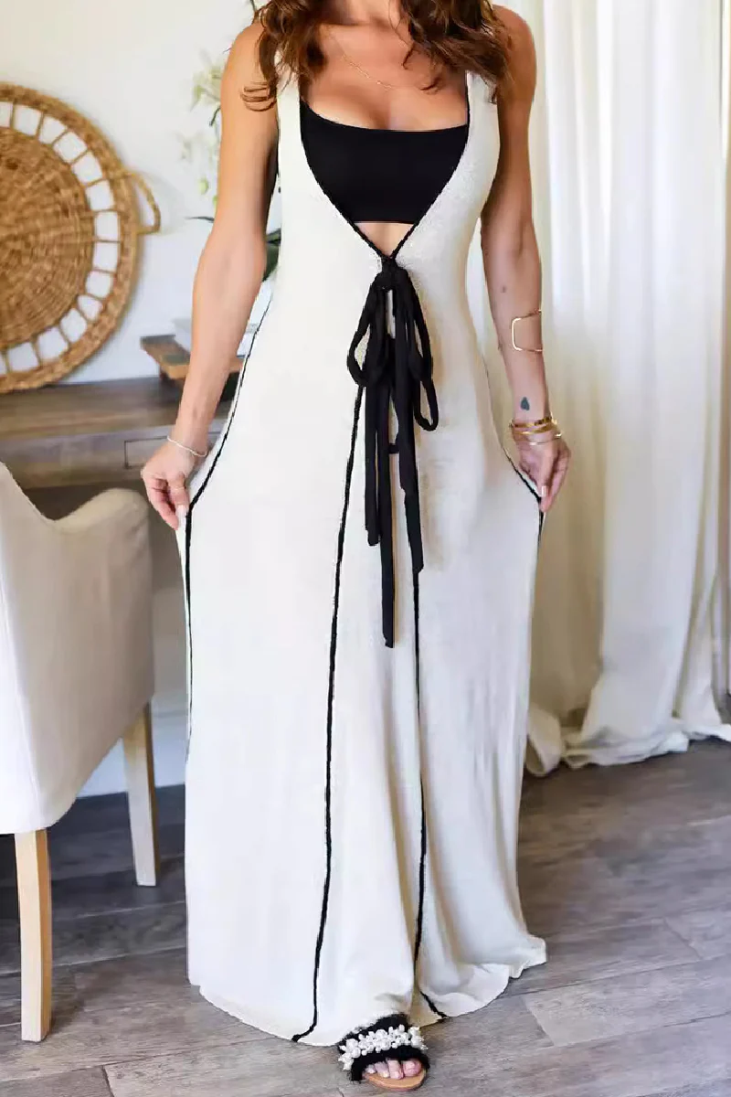 Casual Patchwork Belted V Neck Long Dresses - Panekey