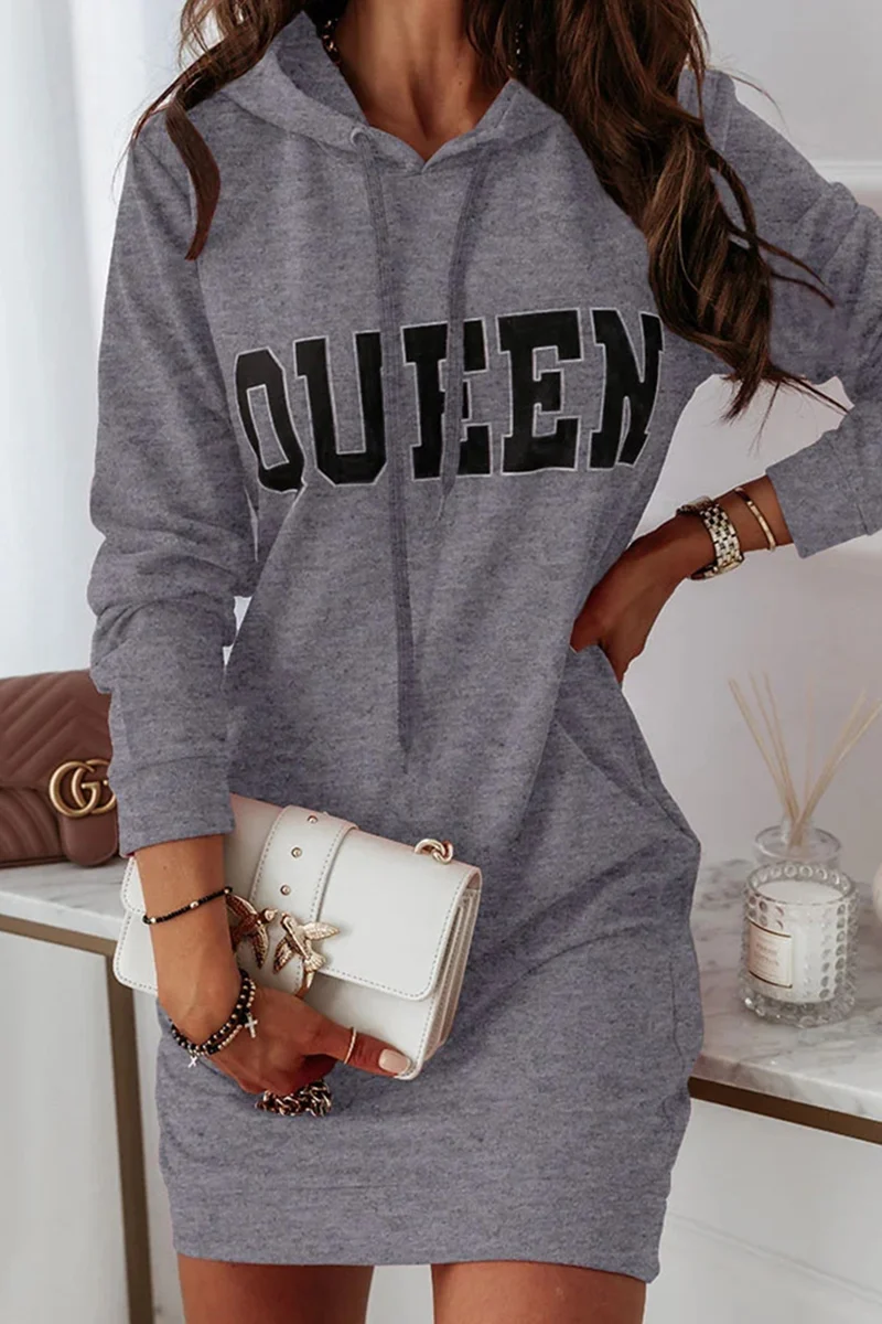 Casual Letter Draw String Hooded Collar Dresses - Panekey