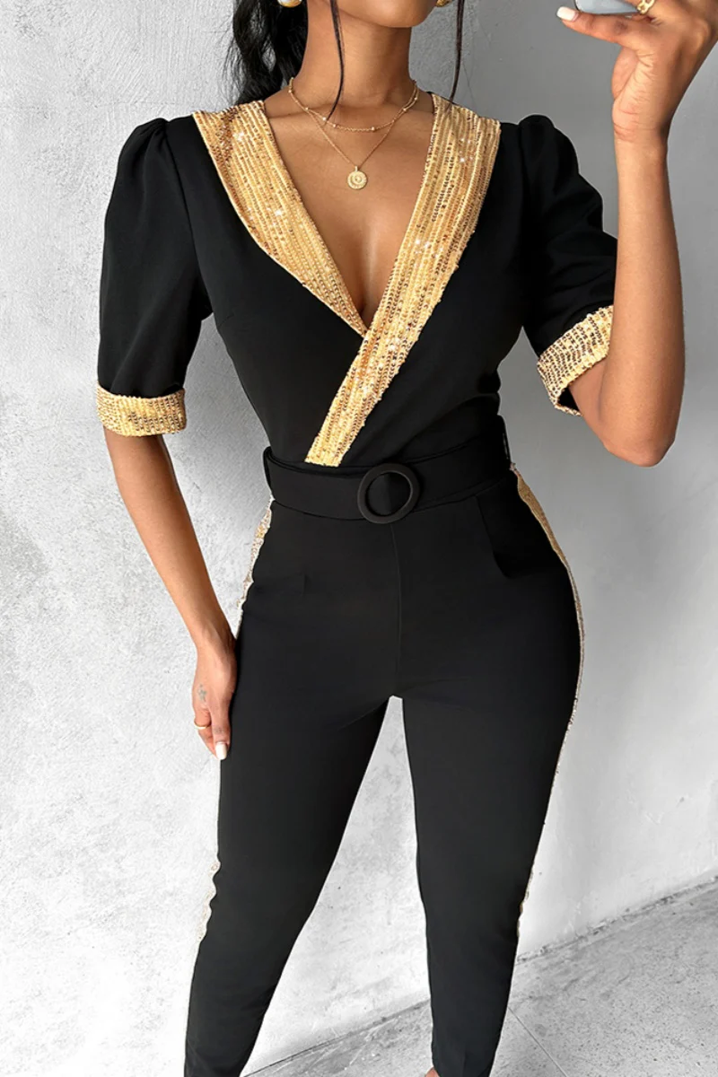 Casual Patchwork Sequins V Neck Skinny Jumpsuits - Panekey