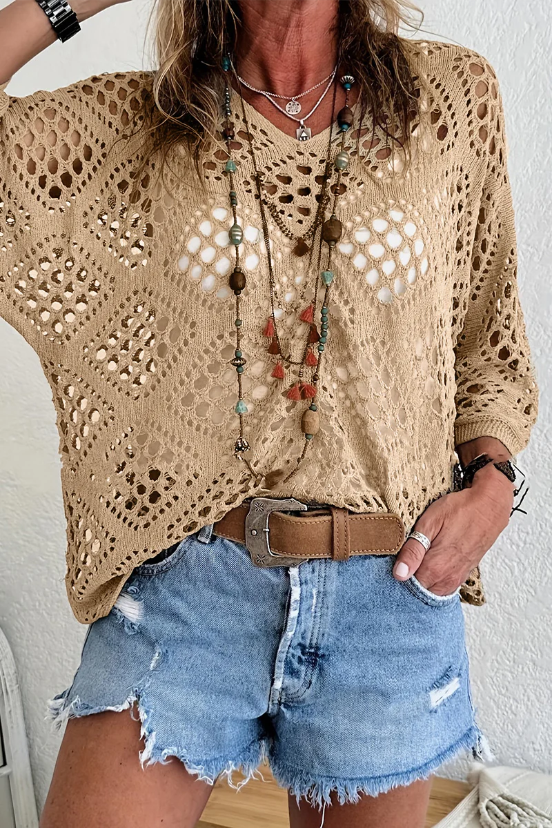 Casual Daily Solid Color Hollow Out V Neck Sweaters(5 Colors) - Panekey