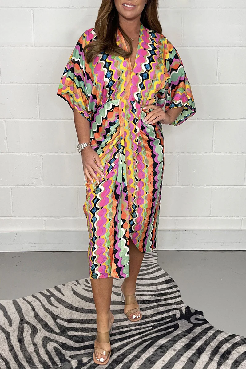 Casual Geometric Print Fold V Neck Printed Dress Dresses - Panekey