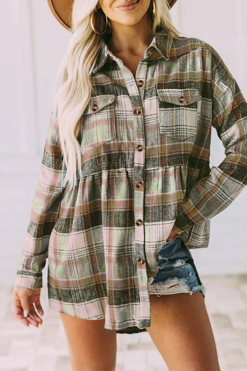 Casual Plaid Buckle Buttons Turndown Collar Blouses(5 Colors) - Panekey