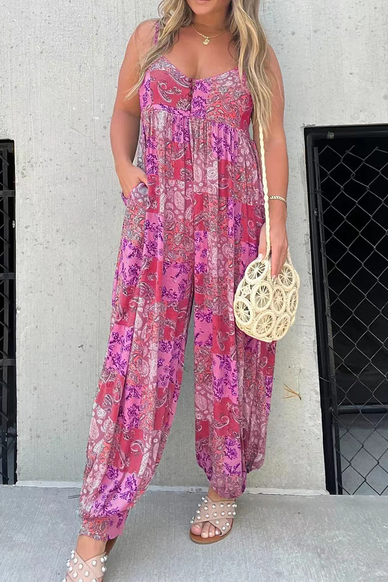 Casual Floral Pocket V Neck Loose Jumpsuits - Panekey