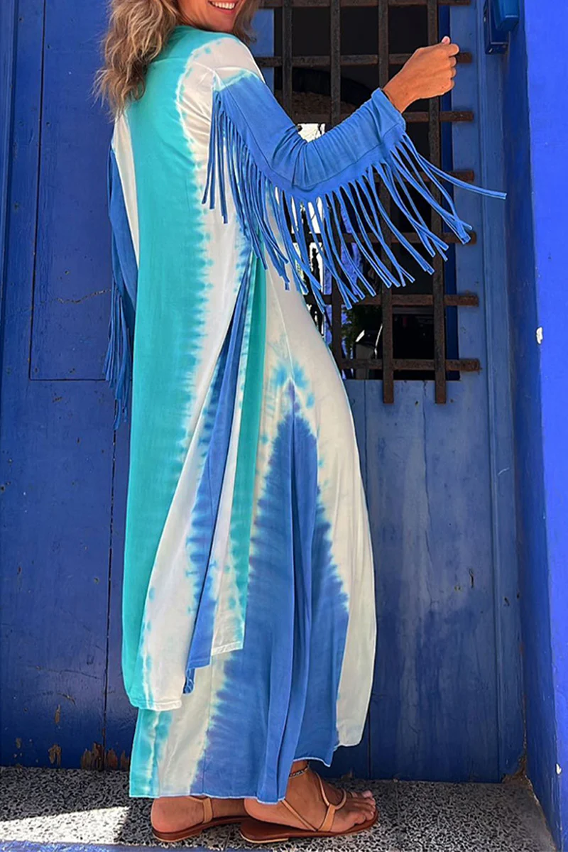 Casual Geometric Print Tassel Cardigan Collar Outerwear - Panekey