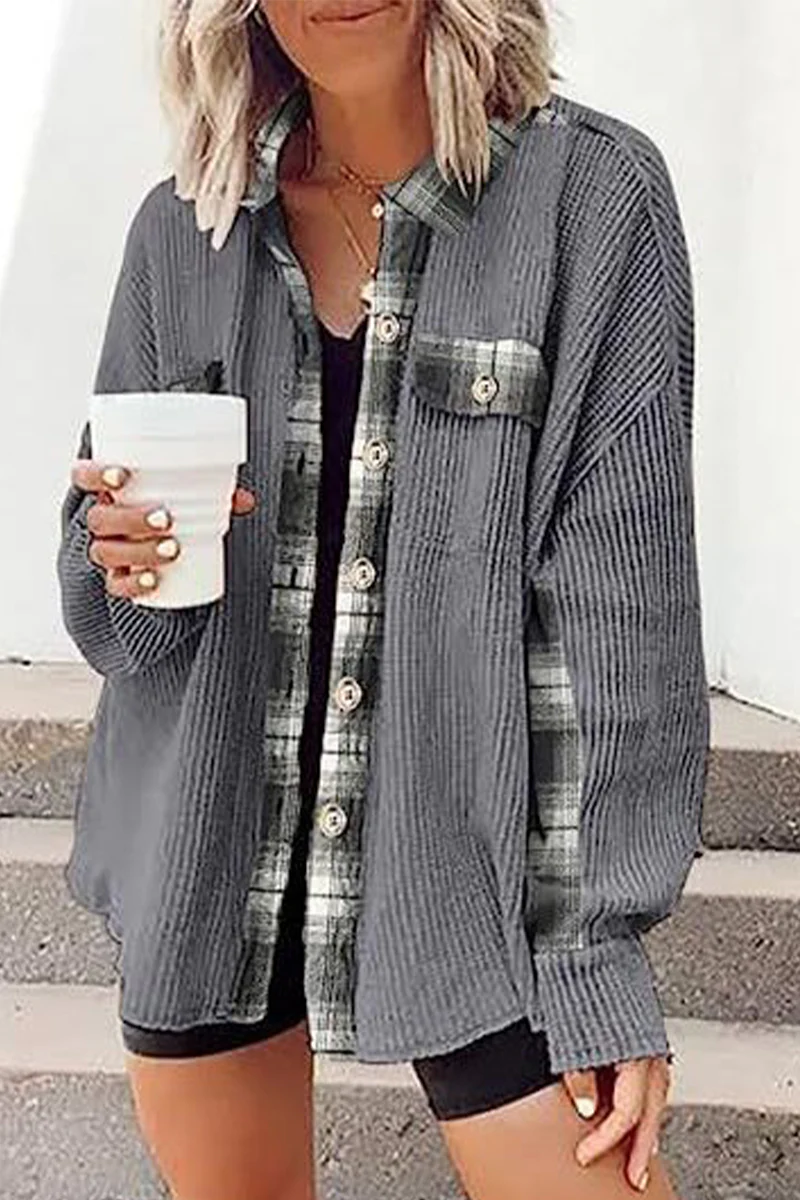 Casual Color Block Pocket Contrast Turndown Collar Tops - Panekey